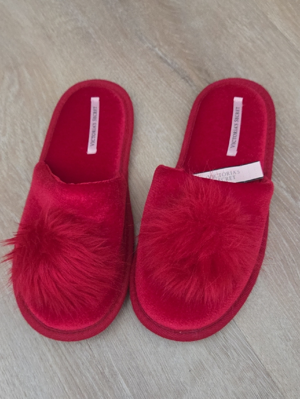 Victoria's Secret Red Plush Pom Slide Slippers with Pom Detail